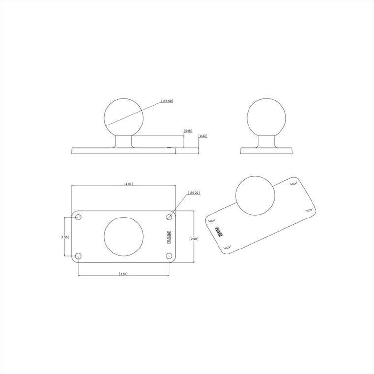 ラムマウント｜スクエアベース 4穴 P1.5x3.5inch 1.5インチボール｜RAM-202U-24