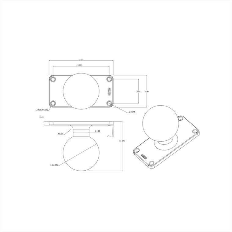 ラムマウント｜スクエアベース 4穴P1.5x3.5inch 2.25インチボール｜RAM-D-202U-24