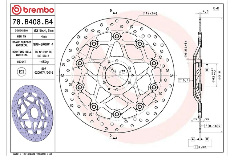 BREMBO SERIE ORO(ブレンボ セリエオロ) | セリエオロ ブレーキディスク セミフローティング | 78B408B4