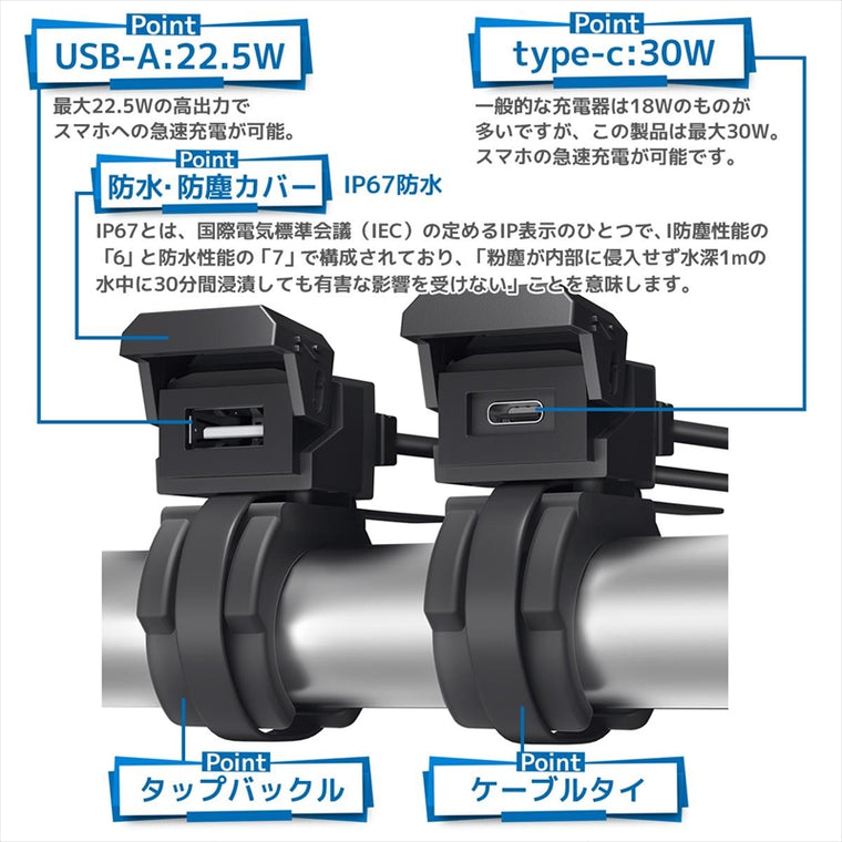 プロト｜バイク用　USB電源 TYPE-A+C タイプA+C QC3.0/PD対応｜PTU003