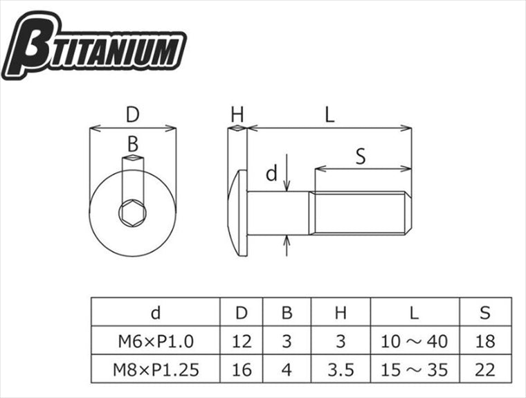 βTITANIUM(ベータチタニウム)｜ナベボルト 低頭 M6×15 ｜BT-TIPC-06015-LOW