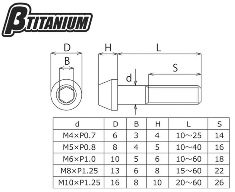 βTITANIUM(ベータチタニウム)｜テーパーキャップボルト M4×25 ｜BT-TITC-04025-DY