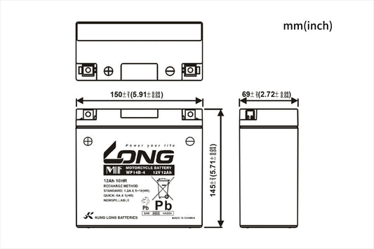 LONG(ロングバッテリー)|バッテリー 12V/12Ah 液注入済|WP14B-4