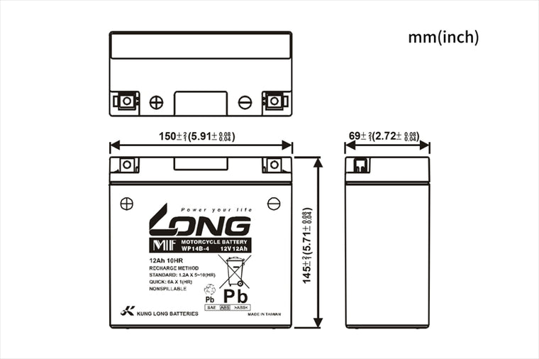 LONG(ロングバッテリー)｜バッテリー 12V/12Ah 液注入済｜WP14B-4