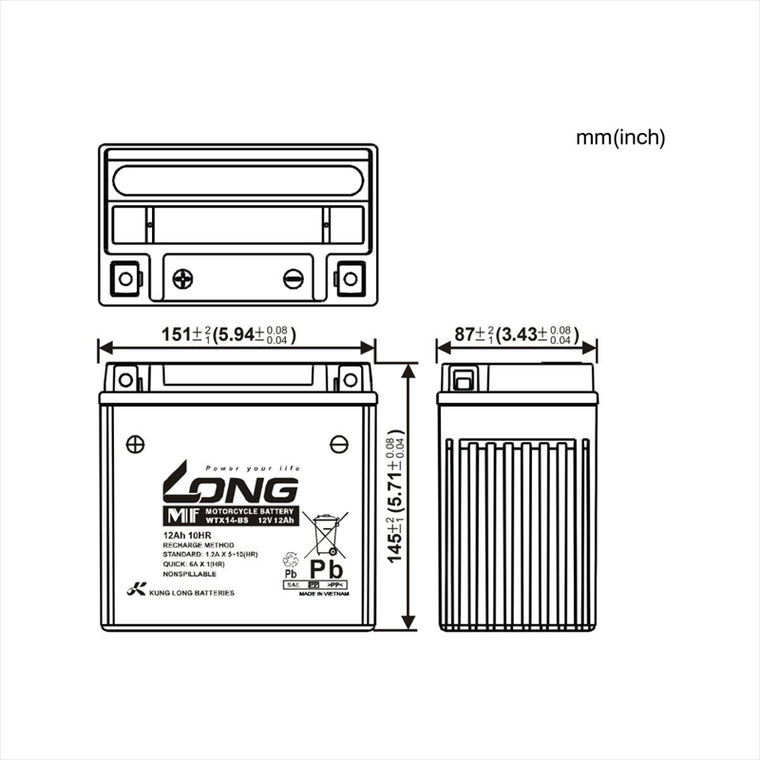 LONG(ロングバッテリー) | バッテリー 12V/12Ah 液注入済 | WTX14-BS | 互換 YTX14-BS/FTX14-BS/FTZ14-BS