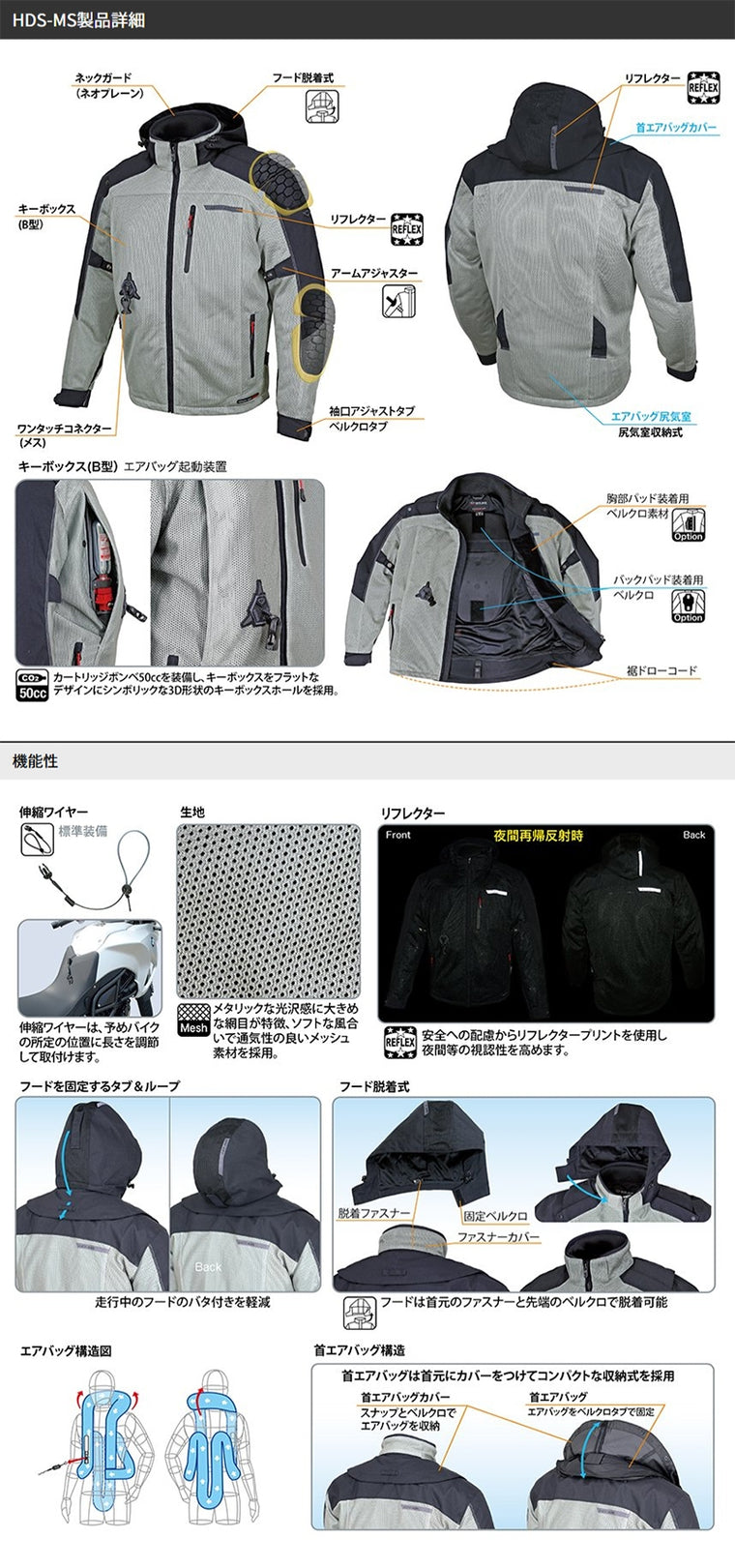hit-air｜スポーツカジュアルスタイル フーデッドエアバッグメッシュジャケット(エアバック装備) D/Gray｜HDS-MS
