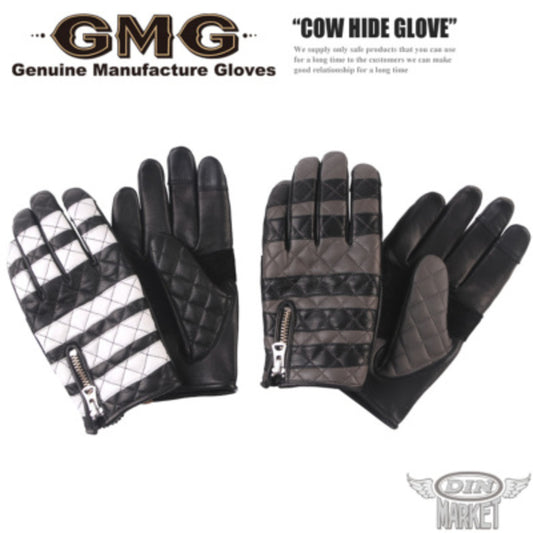 牛革グローブ DIN MARKET ディンマーケット COW HIDE GLOVE GMG-09 牛革 ダイヤステッチ 上品 スマホ対応 日本製 男女兼用 ブラック＆ホワイト