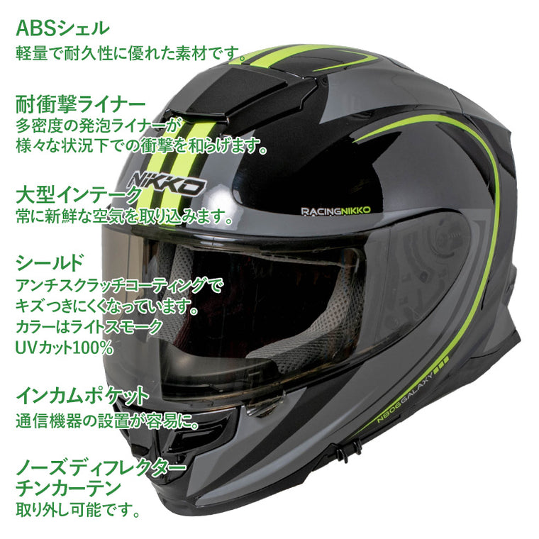 バイクフルフェイスヘルメット NIKKO(ニッコー) N-806 ブラック/グレーイエロー インナーシールド装備 インカムポケット 黒 灰 黄