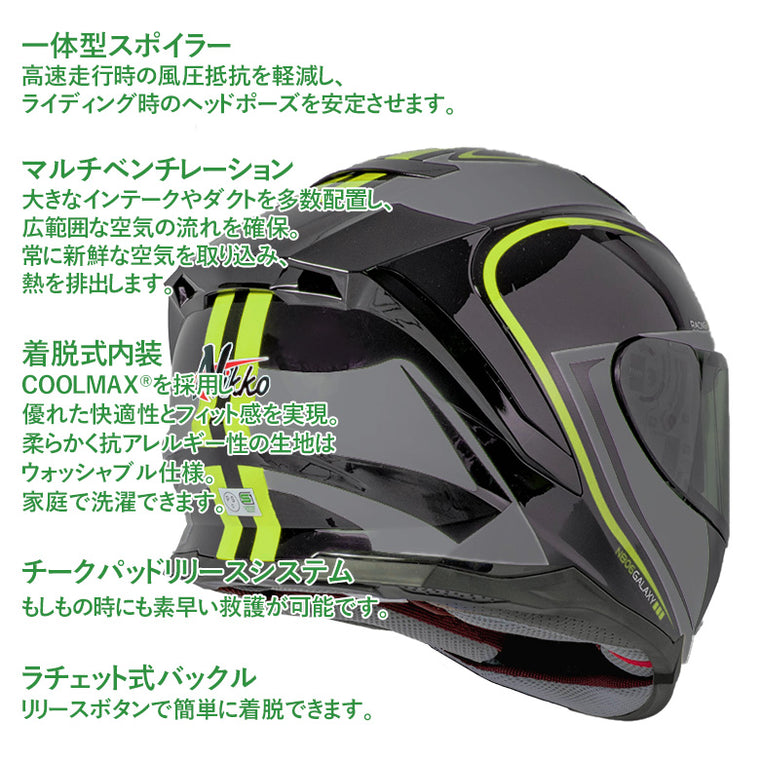 バイクフルフェイスヘルメット NIKKO(ニッコー) N-806 ブラック/グレーイエロー インナーシールド装備 インカムポケット 黒 灰 黄
